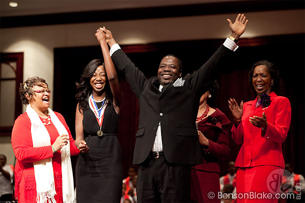High School winner, Alice, celebrating with her proud father