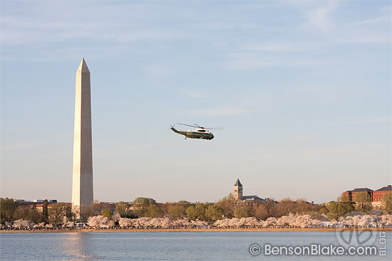 Marine One flying by the Washington Monument