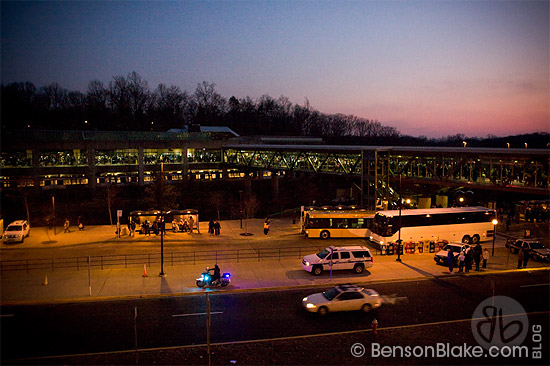 Packed subway station just after sunset